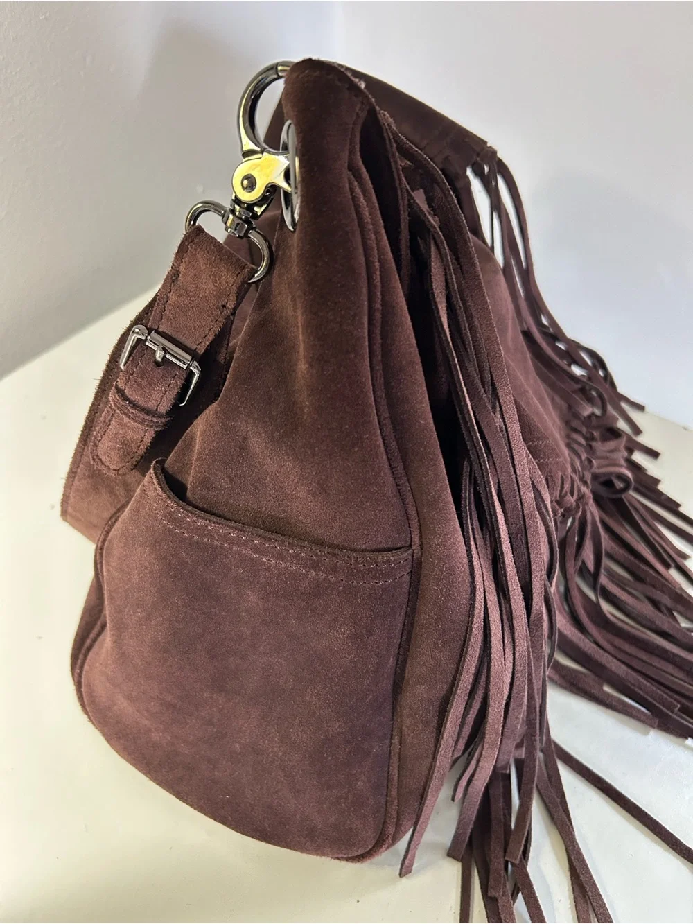 Sorial Dark Brown Suede Fringe Hobo Bag